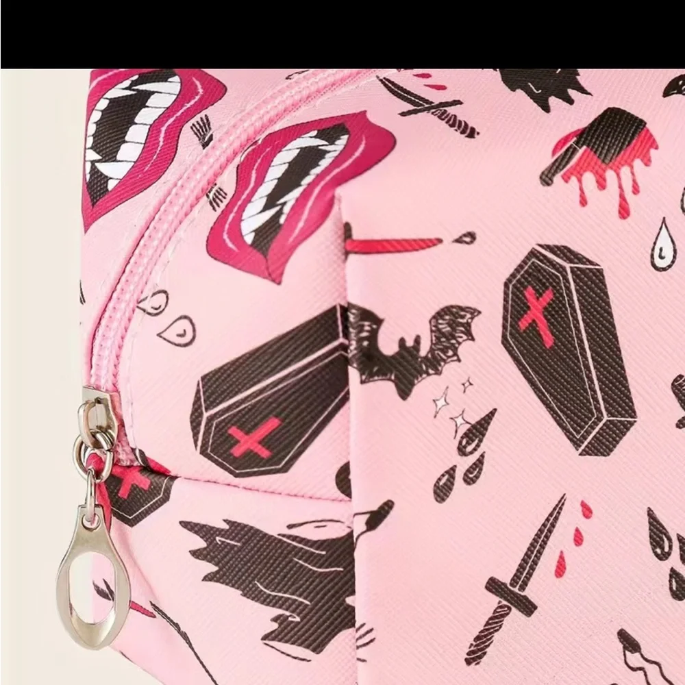 Halloween Pink Cosmetic Bag Goth Coffin Skeleton Dagger Fangs Ghoul Makeup - Picture 6 of 7